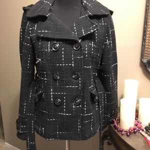 SPRING HOODED PEACOAT BLACK WHITE DOUBLE BREASTED